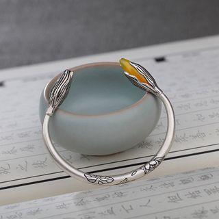 Flower Sterling Silver Open Bangle Sl0680 - 1pc - Silver & Yellow - One Size