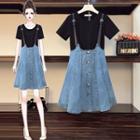 Set: Short-sleeve T-shirt + Denim Buckled Jumper Skirt