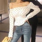 Off-shoulder Dotted Gathered-waist Top White - One Size