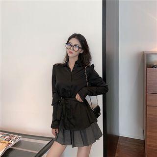Tie-waist Long-sleeve Blouse / Pleated Mini Skirt