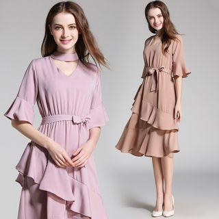 Elbow-sleeve Ruffle Tie-waist Midi Dress