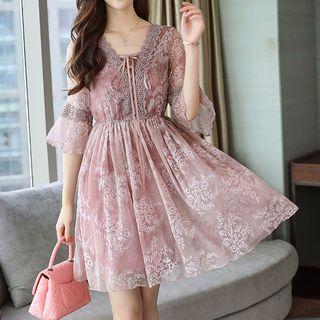 Set: Bell-sleeve A-line Dress + Strappy Dress