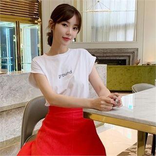 Cuff-sleeve Letter Print T-shirt