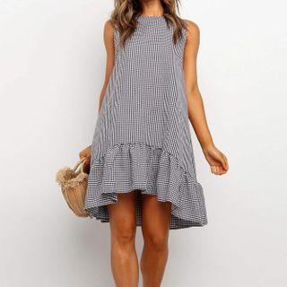 Gingham Ruffle Hem Sleeveless Midi A-line Dress