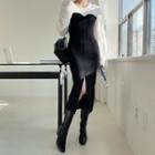 Slit-front Color-block Long Rib-knit Dress Black - One Size