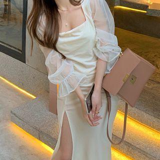 Square-neck Mesh Panel Slit Midi Bodycon Dress White - One Size