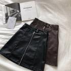 Plain Zip High-waist Faux Leather A-line Skirt