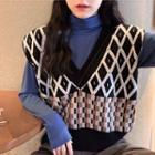 Turtleneck Long-sleeve T-shirt / Argyle Print Knit Vest