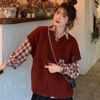 Drop-shoulders Loose-fit Knit Vest / Long-sleeve Plaid Shirt