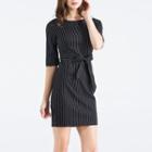 Pinstriped Short-sleeve Sheath Dress With Sash