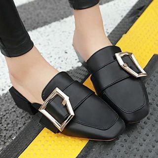 Faux Leather Square-toe Block-heel Mules