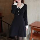 Contrast-collar Buttoned Flare Dress