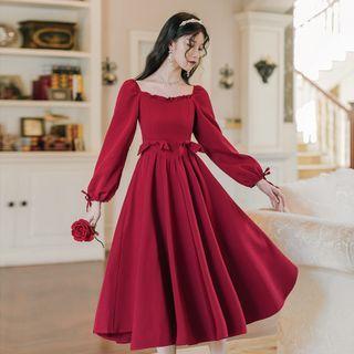 Frill Trim Bow Accent Midi A-line Dress (various Designs)