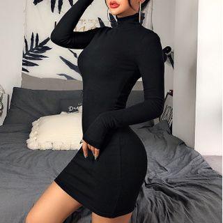 Mock-neck Plain Mini Bodycon Dress