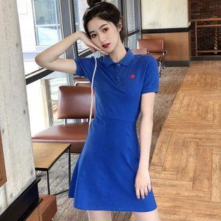 Heart Embroidered Collared Short-sleeve T-shirt Dress