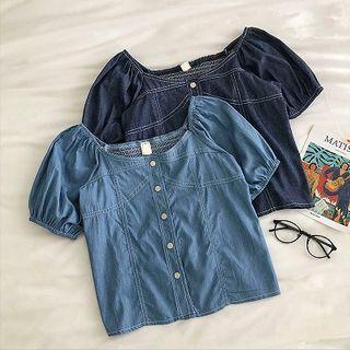 Plain Crewneck Short-sleeve Denim Top