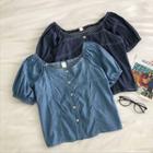 Plain Crewneck Short-sleeve Denim Top