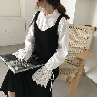 Stand Collar Shirt / Sleeveless Midi Dress