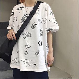 Elbow-sleeve Cartoon Printed T-shirt As Shown In Figure - One Size