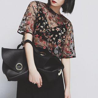 Rose-embroidered Sheer Cropped Top