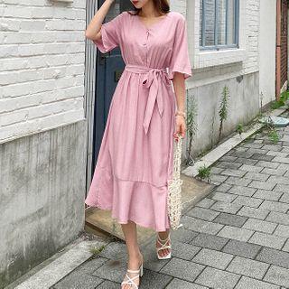 Half-placket Ruffle-hem Dress With Sash