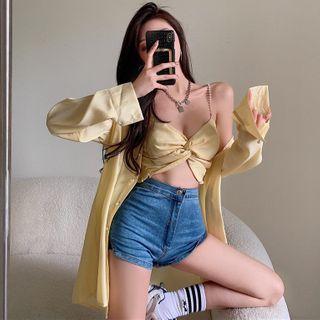 Pearl-strap Twisted Crop Top / Loose Shirt