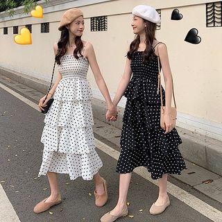 Dotted Spaghetti-strap Tiered Midi Dress