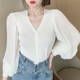 Puff-sleeve V-neck Plain Ribbed Slim Fit Knit Top