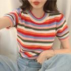 Short-sleeve Striped Knit Top Red & White - One Size