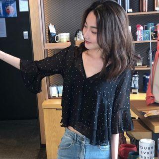 Elbow-sleeve Dotted Chiffon Cropped Blouse