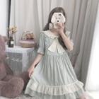 Ruffled Collared Elbow-sleeve A-line Dress Light Pea Green - One Size