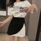 Elbow-sleeve Letter Mini T-shirt Dress / Asymmetric Fitted Skirt