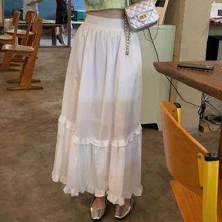 High-waist Plain Ruffle Trim A-line Maxi Skirt White - One Size