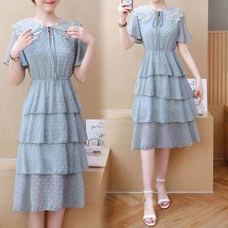 Short-sleeve Mesh Collar A-line Midi Tiered Dress