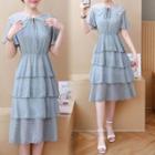 Short-sleeve Mesh Collar A-line Midi Tiered Dress