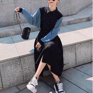 Long-sleeve Striped Panel Midi A-line Shirt Dress
