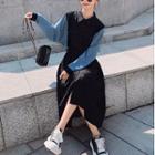 Long-sleeve Striped Panel Midi A-line Shirt Dress