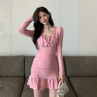 Square-neck Shirred Ruffle Hem Mini A-line Dress