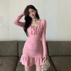 Square-neck Shirred Ruffle Hem Mini A-line Dress