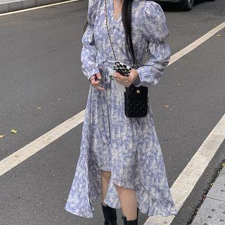 Long-sleeve Floral Print Tie-waist A-line Dress