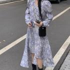 Long-sleeve Floral Print Tie-waist A-line Dress