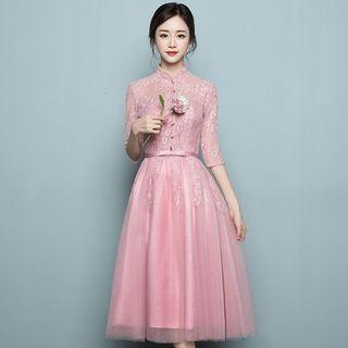 Mandarin Collar Lace Elbow-sleeve Cocktail Dress