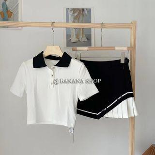 Two Tone Button-up Top / High-waist Two Tone Pleated A-line Mini Skirt