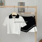 Two Tone Button-up Top / High-waist Two Tone Pleated A-line Mini Skirt