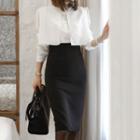 Set: Mock Two-piece Blouse + High-waist Pencil Skirt