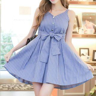 Bow Striped Sleeveless A-line Dress