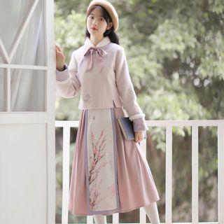 Floral Embroidered Jacket / Midi A-line Skirt / Floral Print Cloth