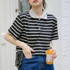 Contrast Collar Striped Cropped Polo Shirt