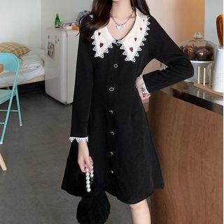 Heart Embroidered Contrast Collar A-line Dress