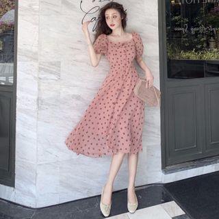 Short-sleeve Dotted Midi A-line Dress Dotted Dress - Pink - One Size